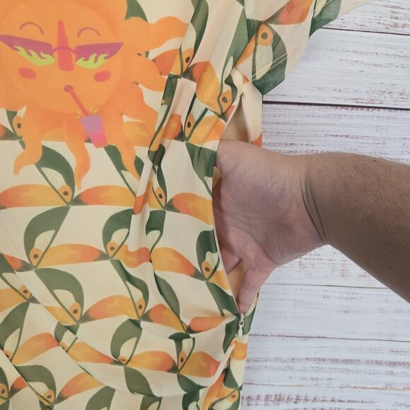 Farm Rio Mesh Midi Dress S Yellow Green Orange Sun Print Pockets Ruch Slits Line - Picture 6 of 16